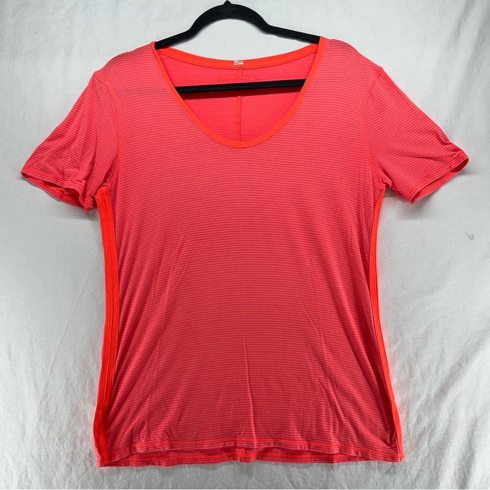Lululemon Womens T Shirt Top Scoop Neck Striped Bright Orange Size 8 Stretch